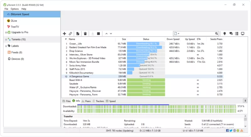 uTorrent Classic main window on Windows with a list of torrents downloading, queued and seeding, and the Files, Info, Peers and Trackers panel below