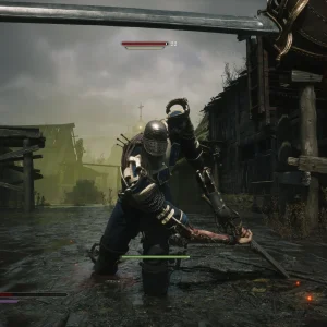 An armored enemy crouches with a blade in a flooded village street while the player raises a saber, with the enemy health bar at the top of the screen