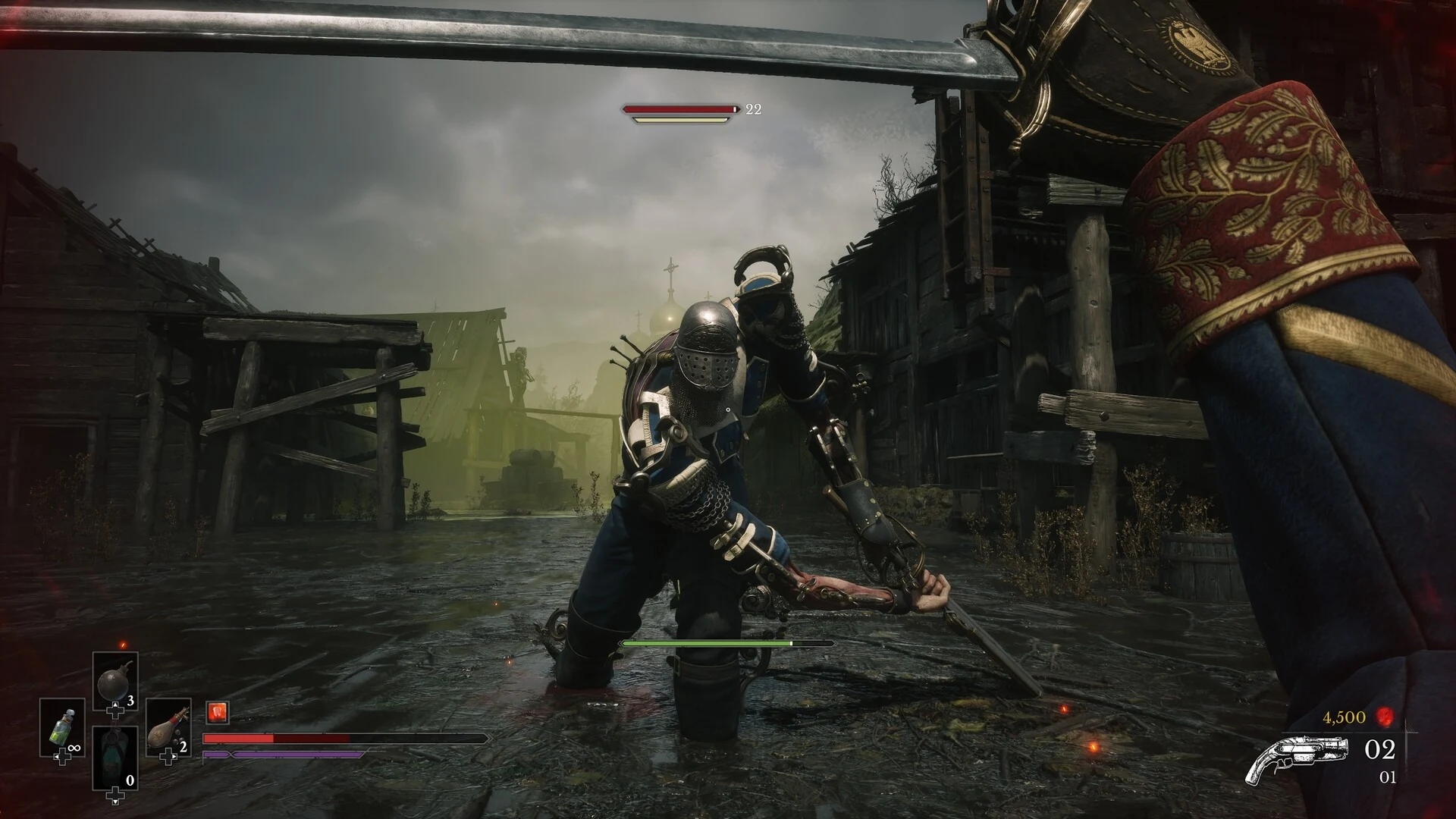 An armored enemy crouches with a blade in a flooded village street while the player raises a saber, with the enemy health bar at the top of the screen