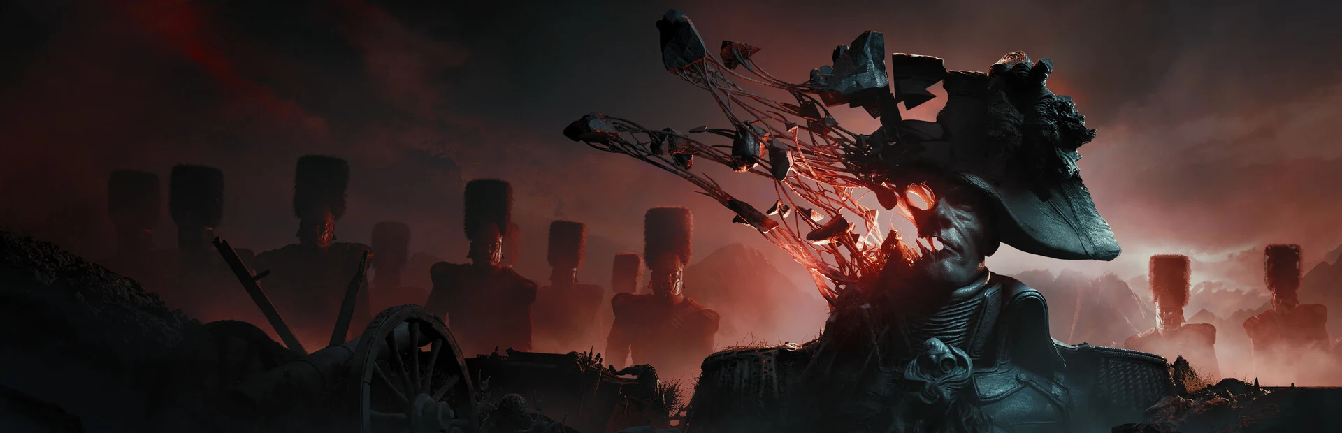 Valor Mortis key art showing a giant corrupted figure in a bicorne hat with red flesh growths bursting from its shoulder, towering over rows of Napoleonic soldiers on a smoky battlefield