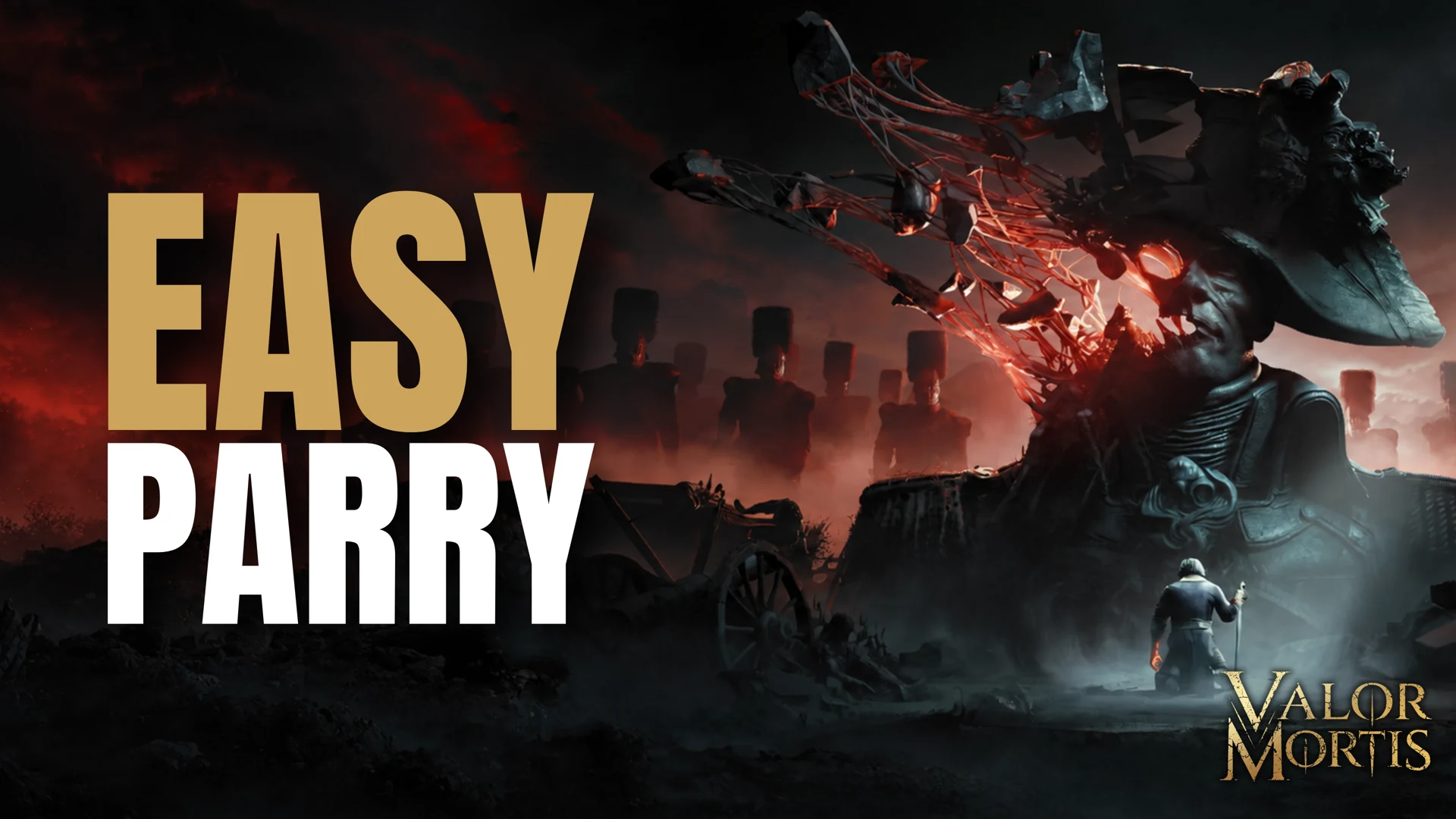 Banner for the Easy Parry mod for Valor Mortis over the game's key art of a corrupted giant on a battlefield