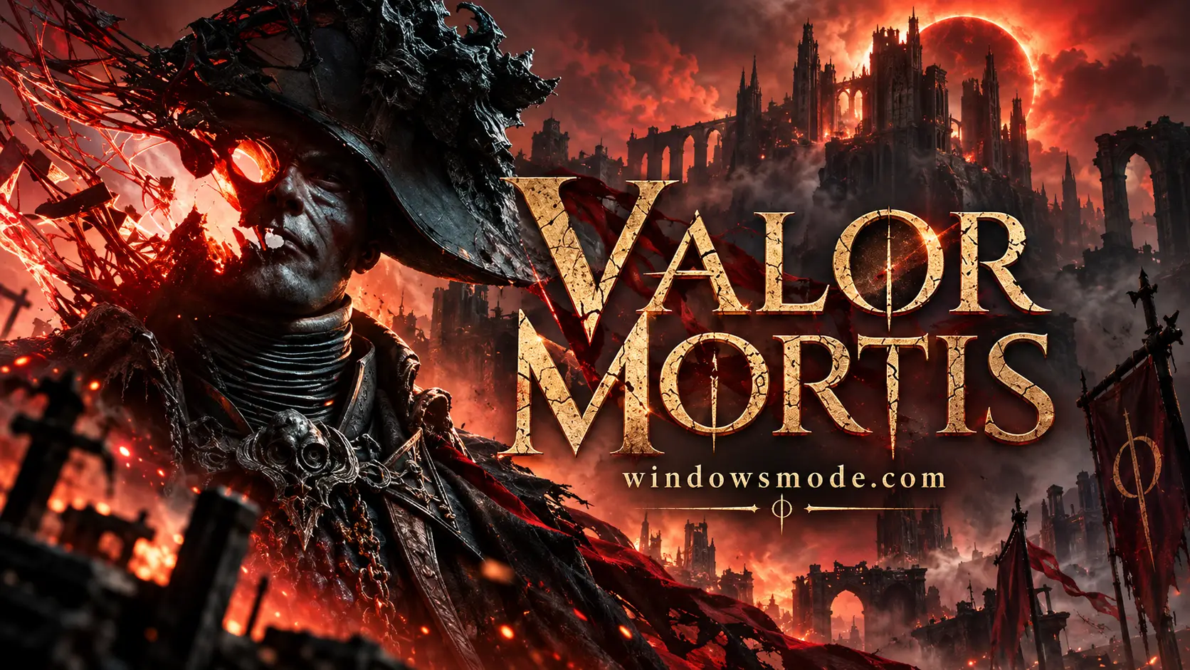 A corrupted Napoleonic officer in a bicorne hat with a glowing red eye and torn red growths stands before burning Gothic ruins and battle banners under a blood-red sky, beside the Valor Mortis title