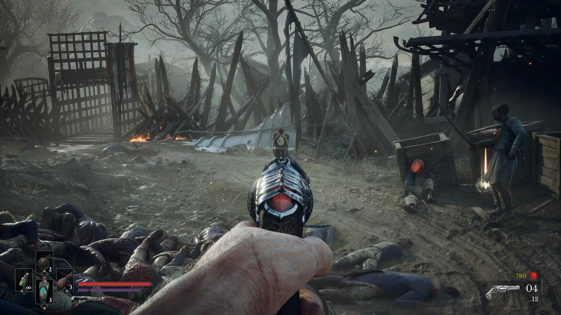 First-person view aiming a flintlock pistol at a plague-ridden soldier across a battlefield covered in bodies and broken wooden barricades