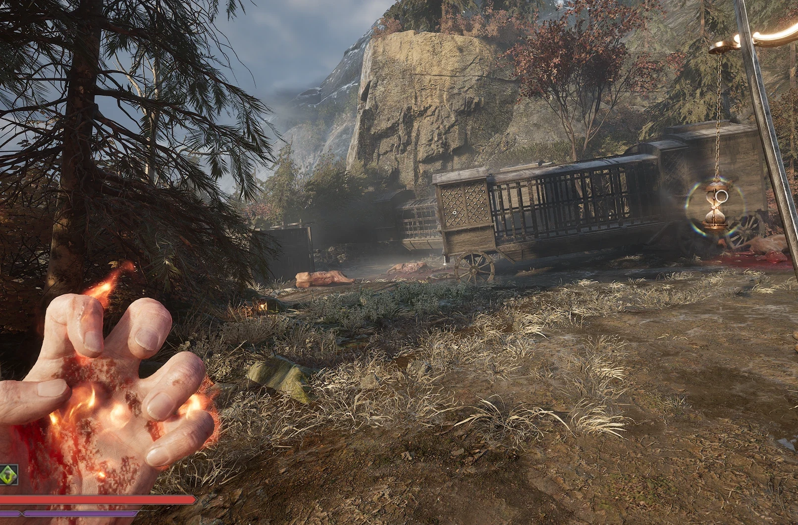A wide first-person view with a burning hand in the foreground overlooking a rocky valley and cliffs, showing the wider field of view from the FOV mod