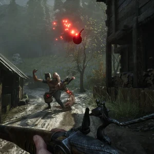 A mutated soldier with glowing red growths charges down a wet village street while the player holds a musket