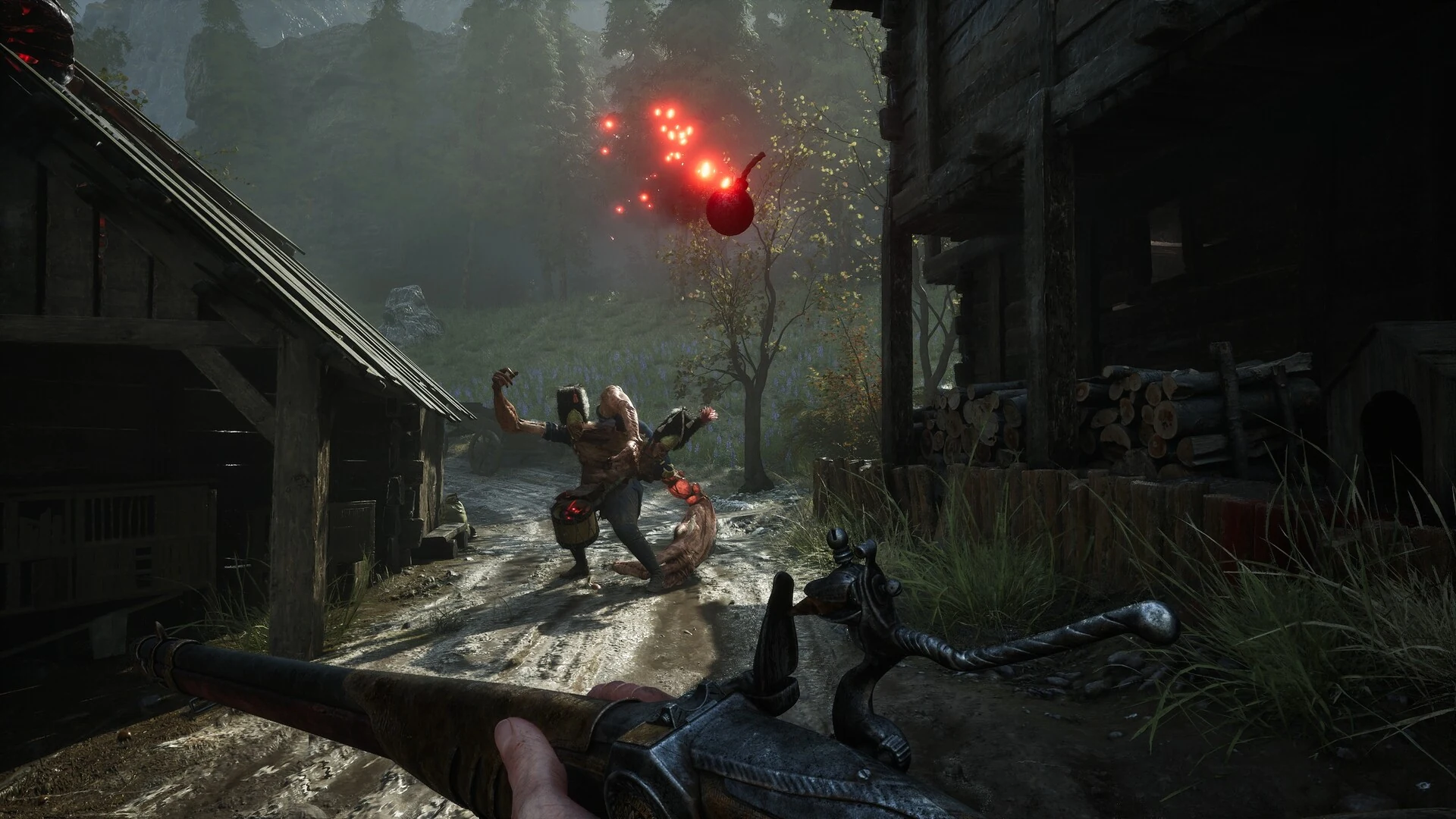 A mutated soldier with glowing red growths charges down a wet village street while the player holds a musket