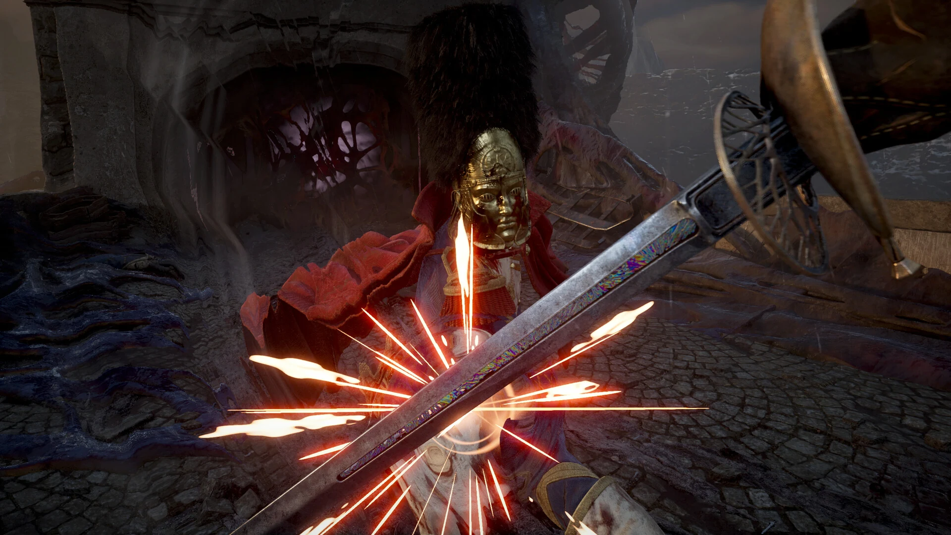 A saber meets an enemy blade in a burst of orange sparks as a soldier in a gold mask and red coat attacks