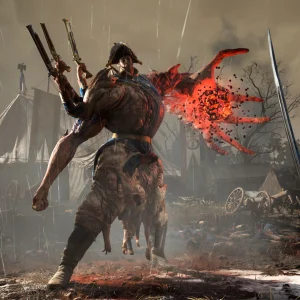 A huge creature with red flesh growths and rifles strapped to its back stands in a muddy army camp in the rain