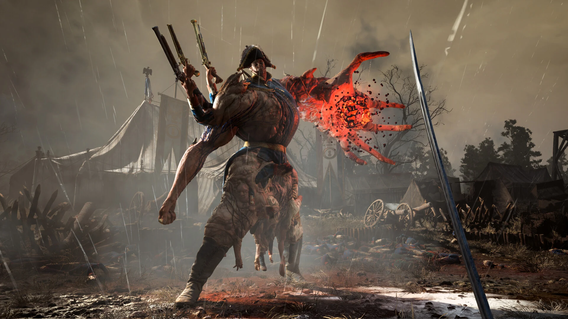 A huge creature with red flesh growths and rifles strapped to its back stands in a muddy army camp in the rain