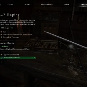 The weapon menu showing a level 7 rapier with its damage, parry trait and upgrade materials, with tabs for pistol, musket, blunderbuss, saber, rapier and claymore
