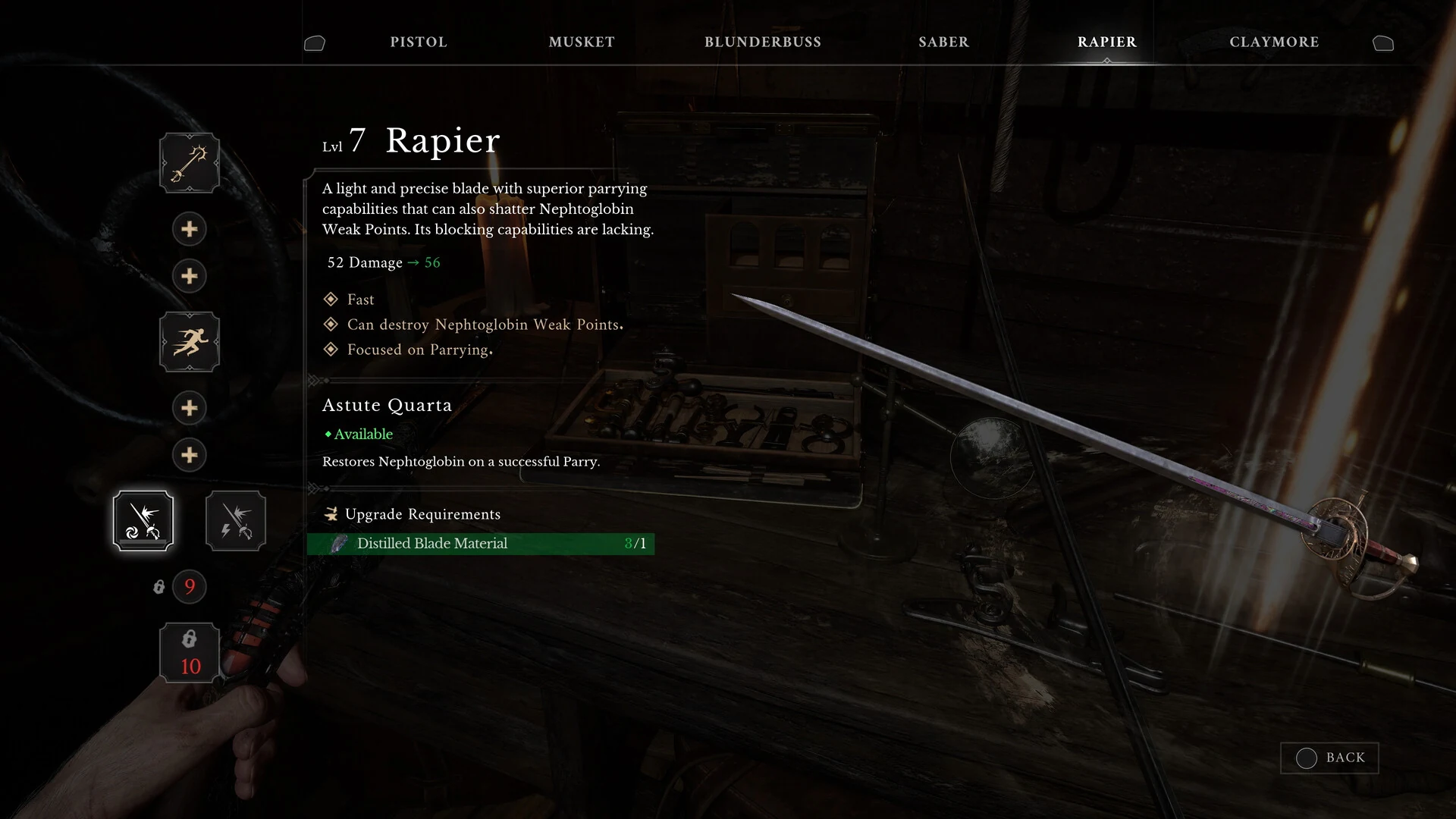 The weapon menu showing a level 7 rapier with its damage, parry trait and upgrade materials, with tabs for pistol, musket, blunderbuss, saber, rapier and claymore