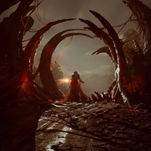 A cloaked figure stands before a gate made of twisted red roots in a dark cavern