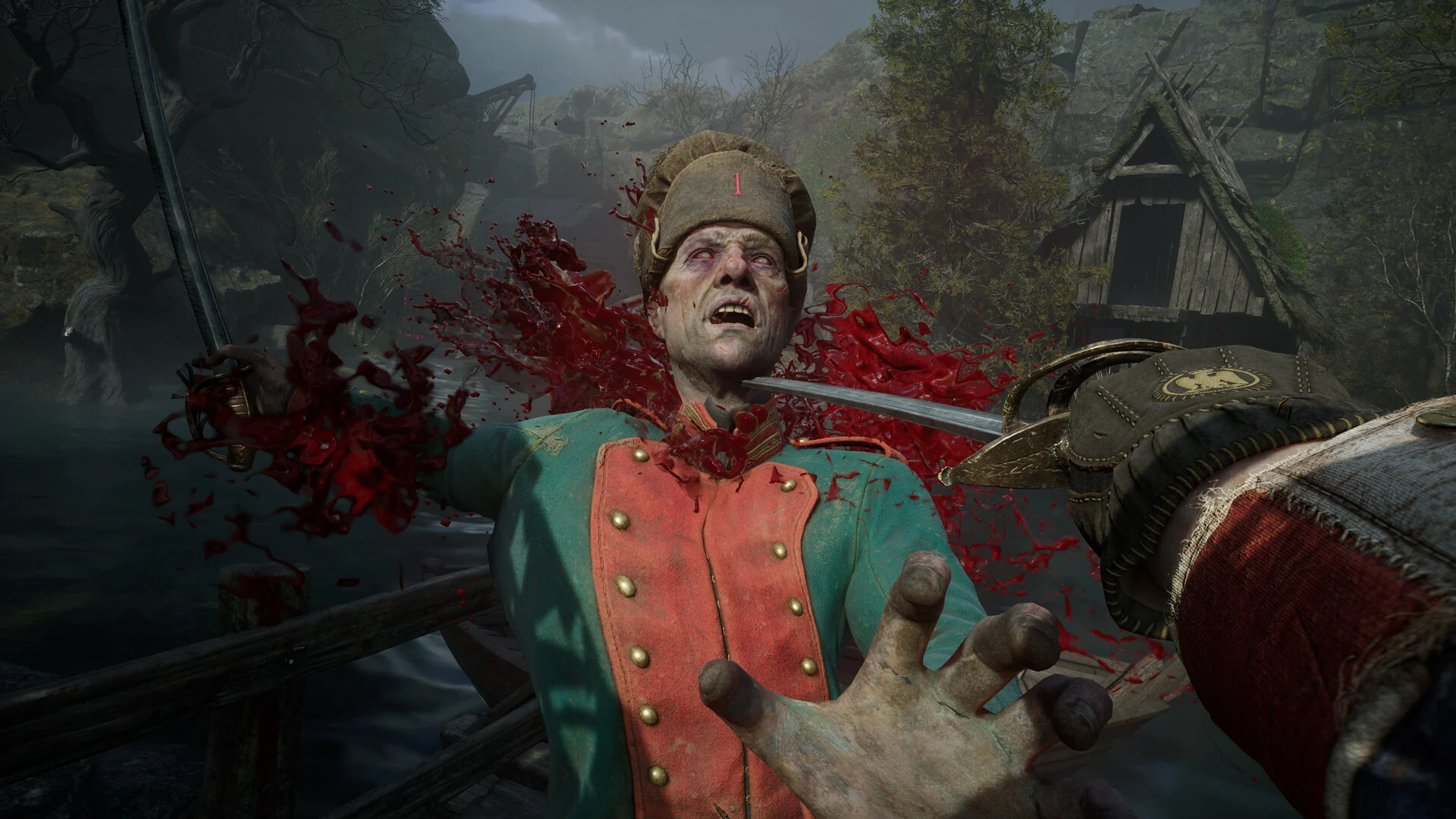 A saber runs through the neck of a soldier in a green and red Napoleonic uniform and fur hat, with blood spraying in a ruined village
