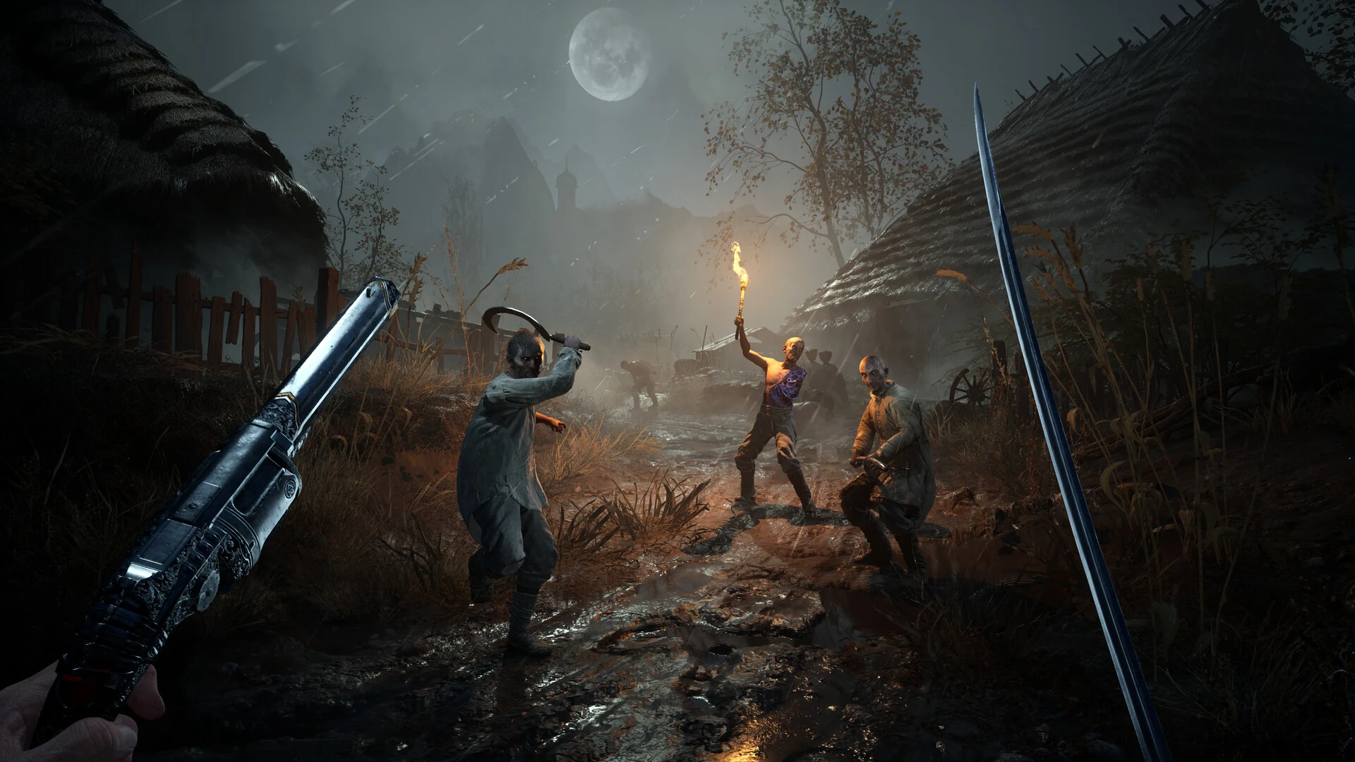 First-person view holding a flintlock pistol and a saber as torch-carrying villagers with farm tools attack in a muddy village under a full moon