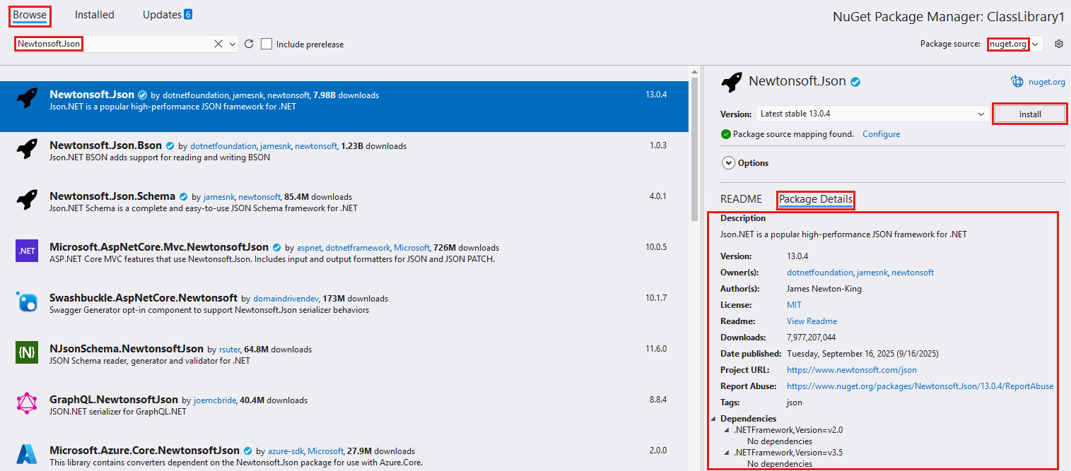 Visual Studio NuGet Package Manager Browse tab with a search box, package list, version picker and Install button