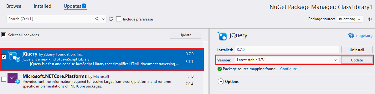 Visual Studio NuGet Package Manager Updates tab with a package selected and the Update button next to the latest stable version