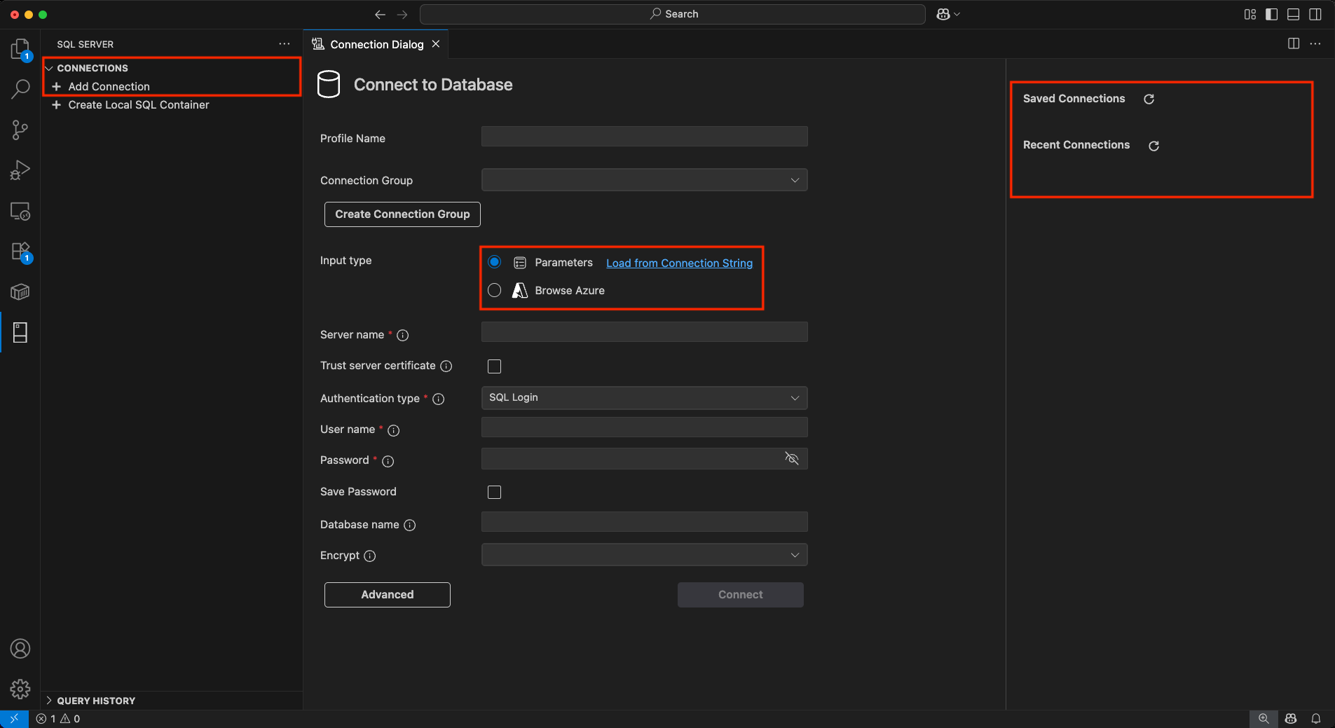 MSSQL extension Connect to Database dialog in VS Code with fields for server name, authentication type, user name and database, plus saved and recent connections