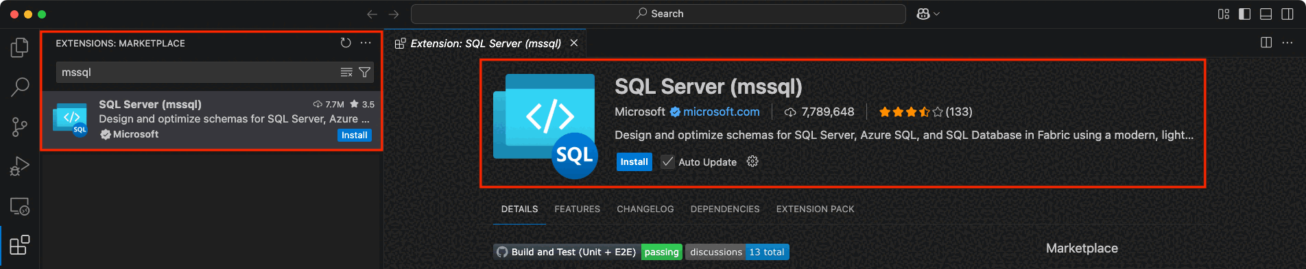 VS Code Extensions view showing the SQL Server (mssql) extension by Microsoft ready to install