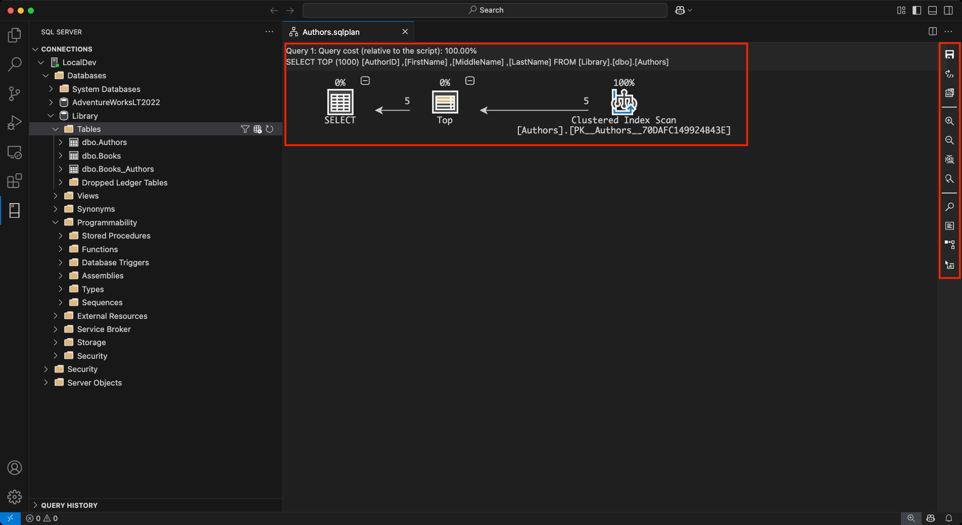 MSSQL extension query plan visualizer in VS Code showing a SELECT, Top and Clustered Index Scan plan with cost percentages