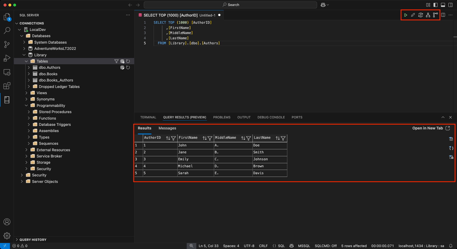Azure Data Studio replacement: VS Code with the MSSQL extension Visual Studio Code with the MSSQL extension showing a SELECT query on an Authors table, the connections tree on the left and a results grid with five rows below