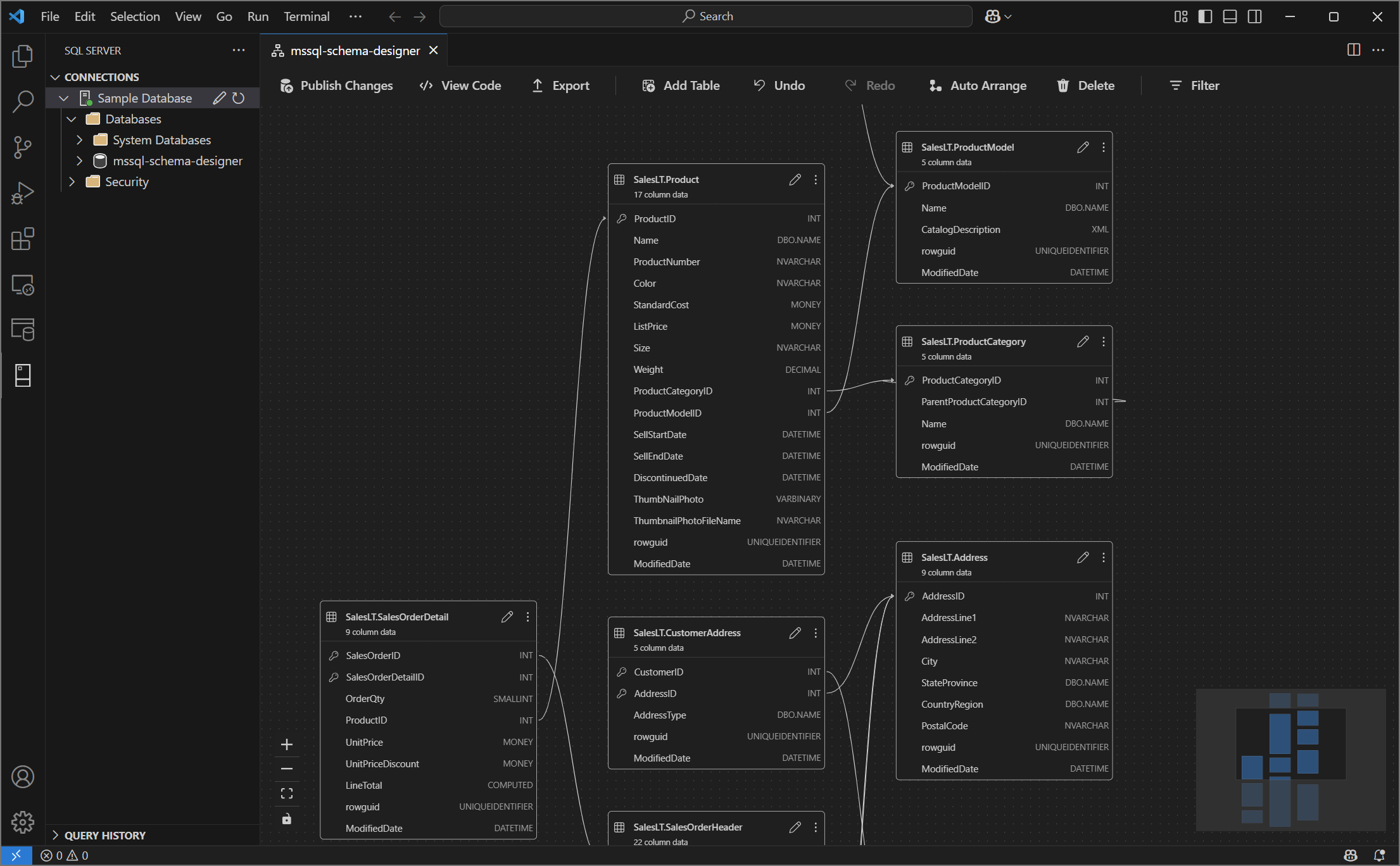 MSSQL extension schema designer in VS Code showing a diagram of database tables with their columns and the relationships between them