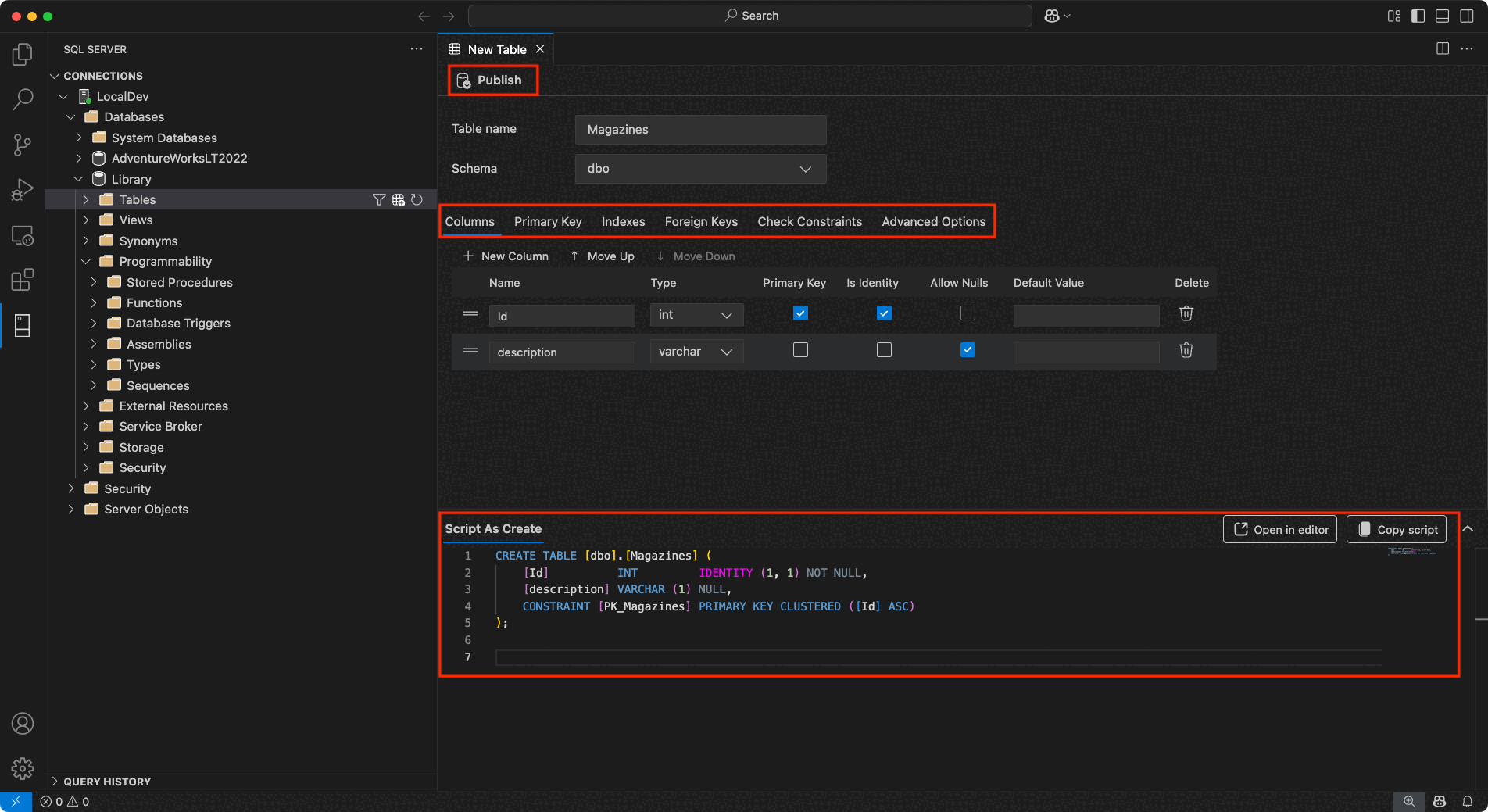 MSSQL extension table designer in VS Code creating a Magazines table with columns, primary key options and a generated CREATE TABLE script