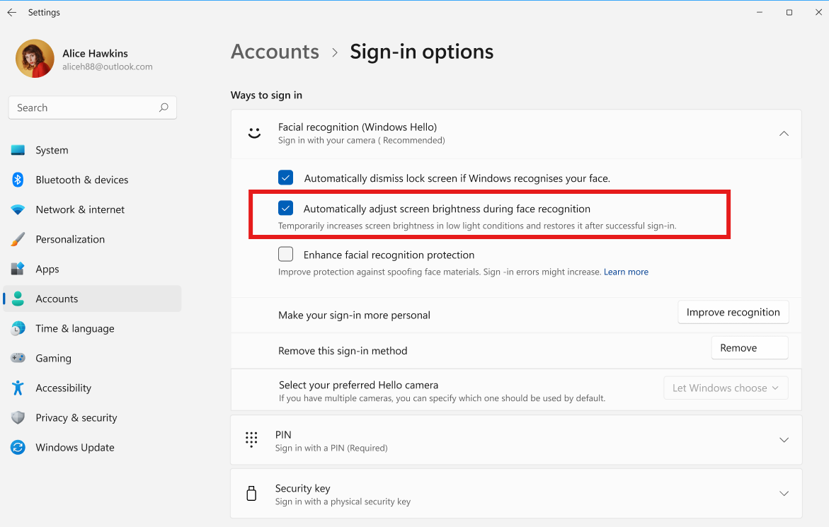Windows 11 Settings showing the Automatically adjust screen brightness during face recognition toggle under Windows Hello facial recognition