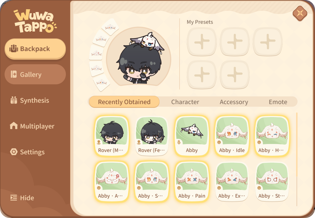 Wuwa Tappo Backpack tab showing Rover with Abby on his head, five empty preset slots, and the Rover, Abby and Abby emote items in the Recently Obtained list