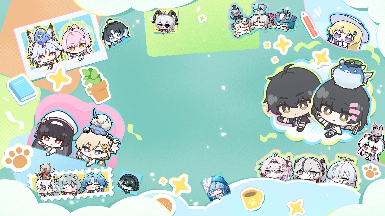 Official Wuwa Tappo artwork of chibi Wuthering Waves Resonators, including both Rovers, framed by paw prints, stars and a coffee mug on a teal background