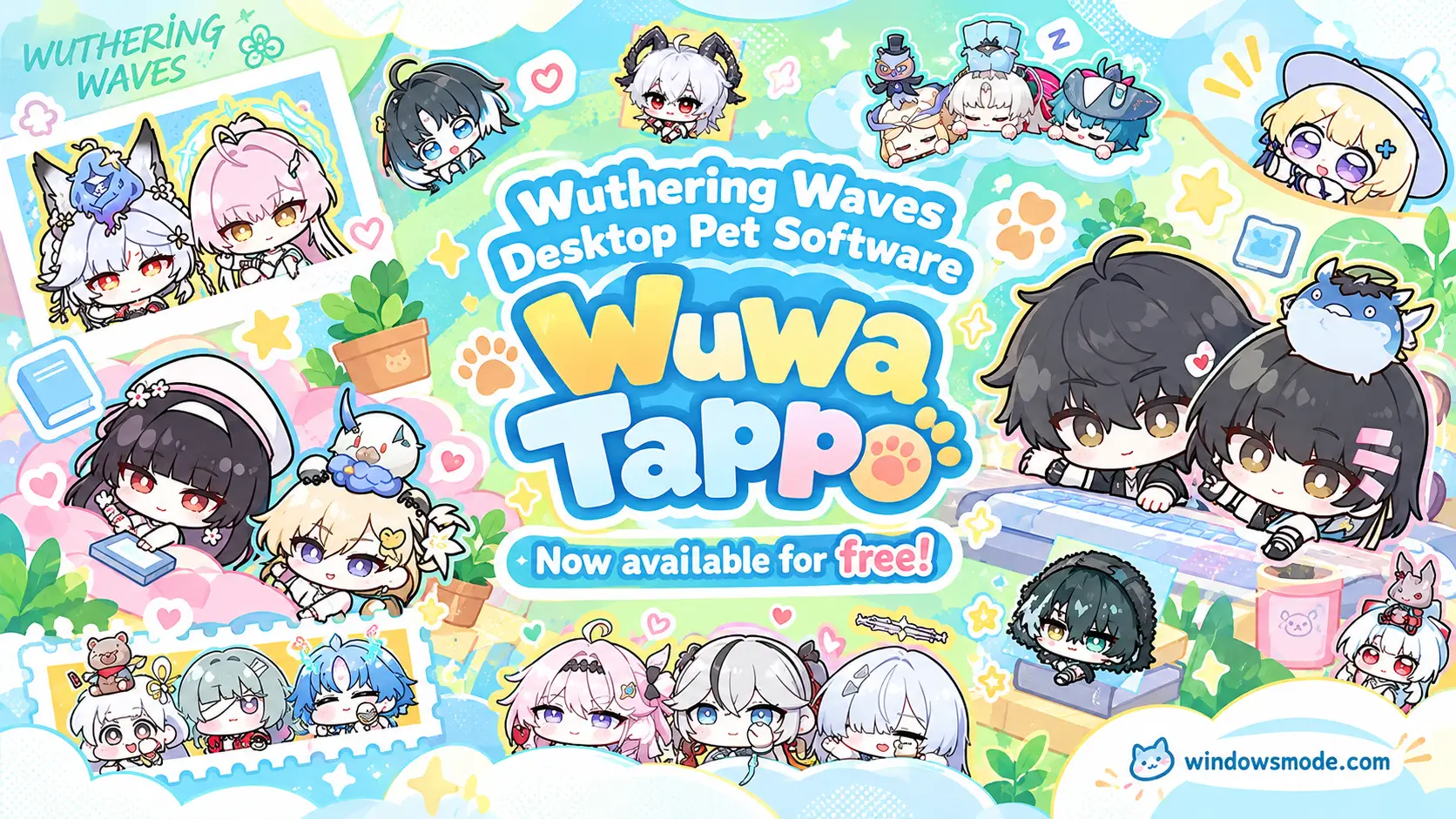 Wuwa Tappo Wuthering Waves desktop pet title surrounded by chibi Resonators, with both Rovers leaning over a keyboard and the windowsmode.com logo in the corner