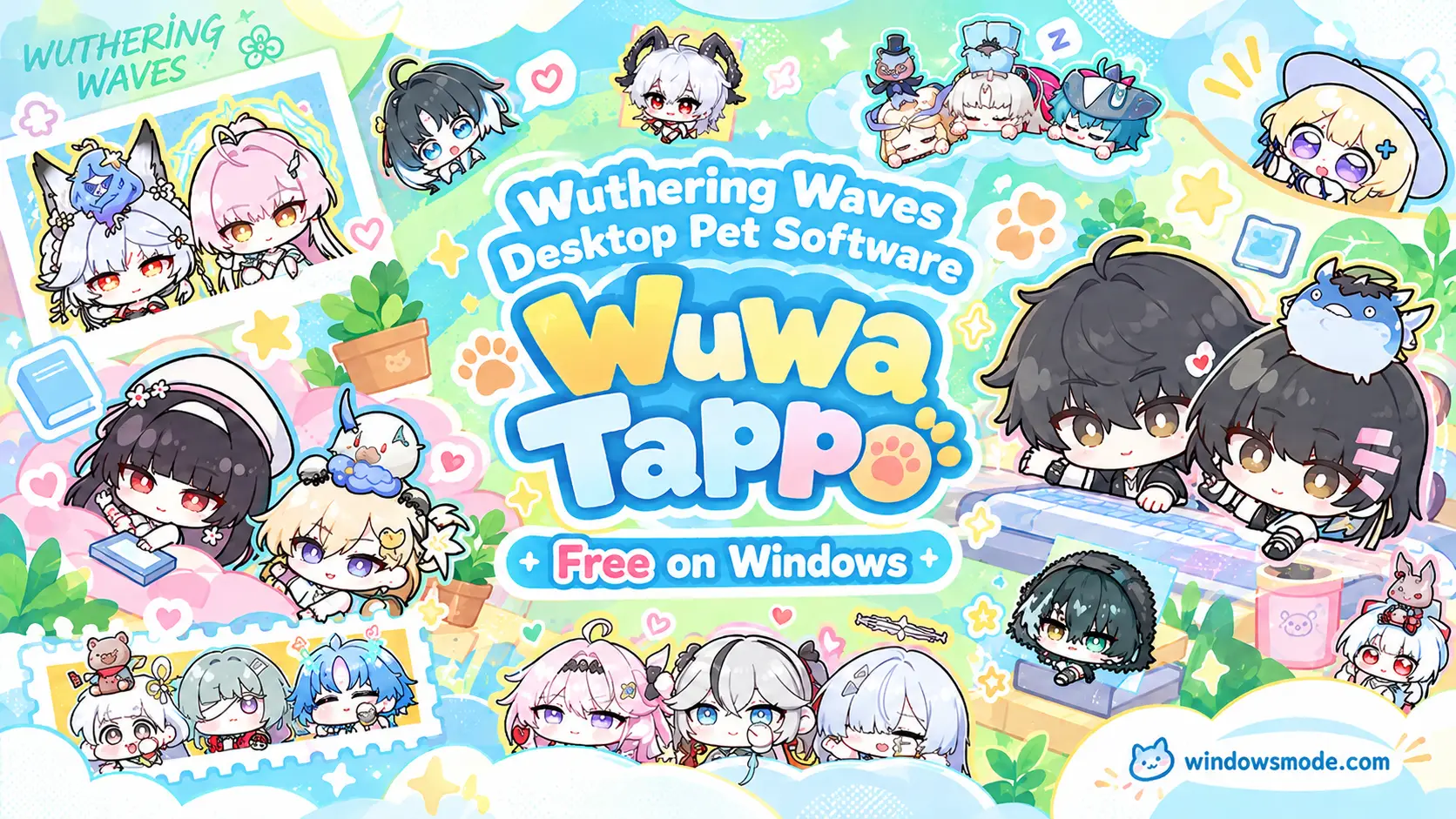 Wuwa Tappo Wuthering Waves desktop pet title with a Free on Windows label, surrounded by chibi Resonators, with both Rovers leaning over a keyboard and the windowsmode.com logo in the corner
