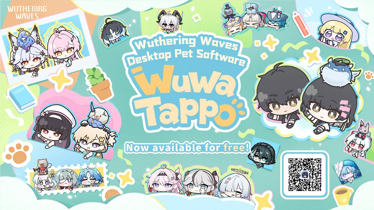 Wuwa Tappo Wuthering Waves desktop pet software banner with chibi Resonators around the title and a Now available for free label