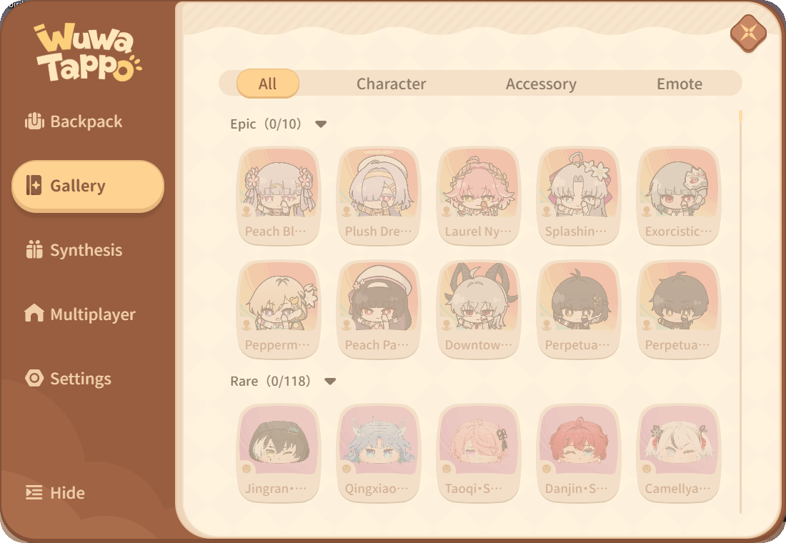 Wuwa Tappo Gallery tab showing locked Epic and Rare items as faded cards, with a count of how many of each rarity you own