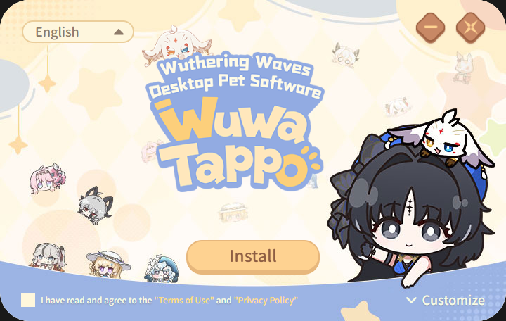 Wuwa Tappo installer window with a language menu, an Install button, the Terms of Use checkbox and a Customize option