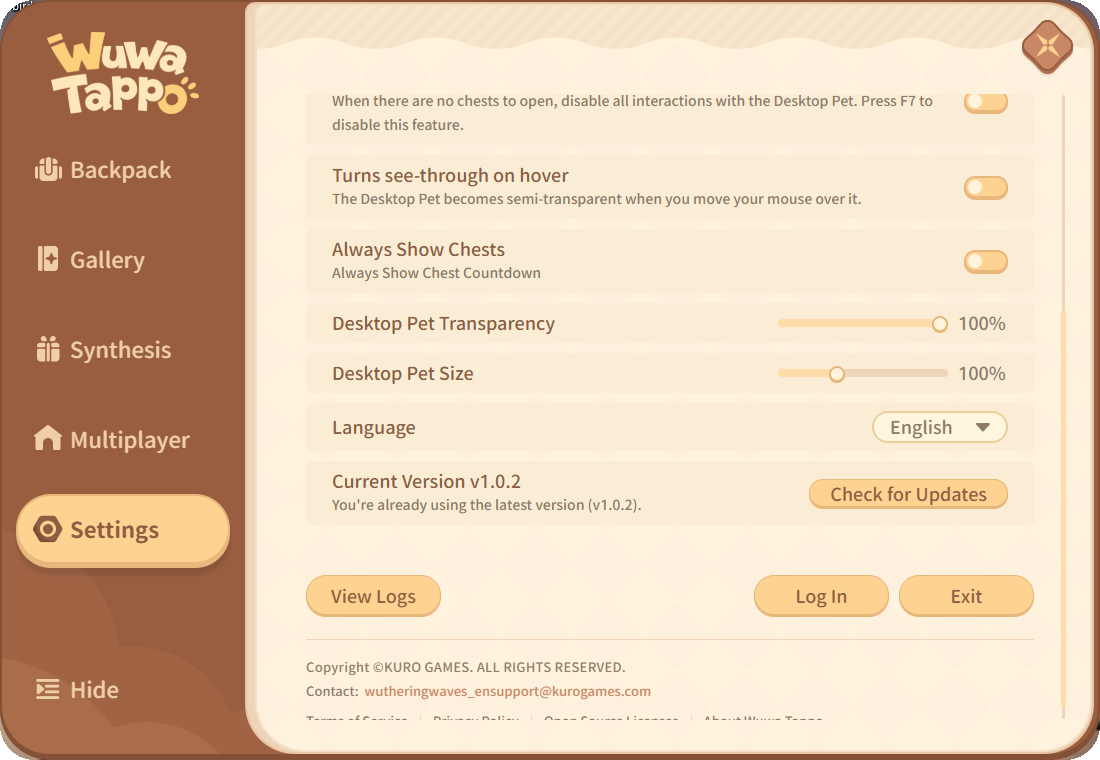 Lower half of Wuwa Tappo Settings with pet transparency and size sliders, language menu, version and Check for Updates, and View Logs, Log In and Exit buttons