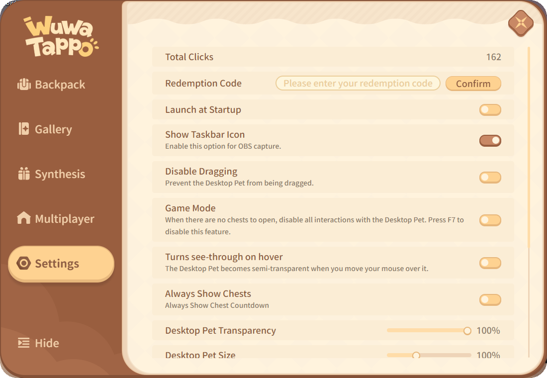 Wuwa Tappo Settings tab with total clicks, the redemption code box, Launch at Startup, Show Taskbar Icon, Disable Dragging, Game Mode and see-through toggles