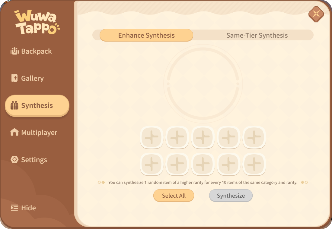 Wuwa Tappo Synthesis tab with Enhance Synthesis and Same-Tier Synthesis modes, ten empty item slots and Select All and Synthesize buttons