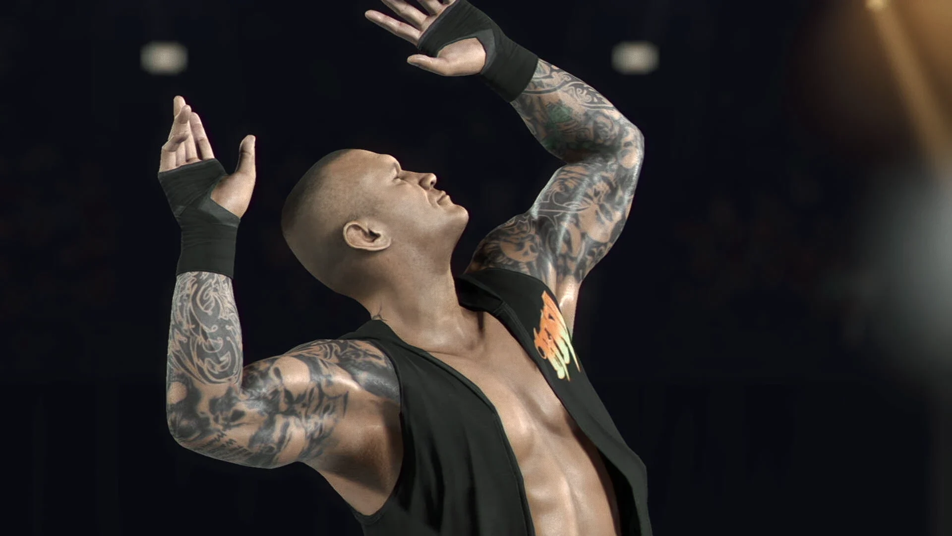 Randy Orton raises both arms in his pose in WWE 2K26 with the TV Quality ReShade mod giving warmer broadcast-style lighting and contrast