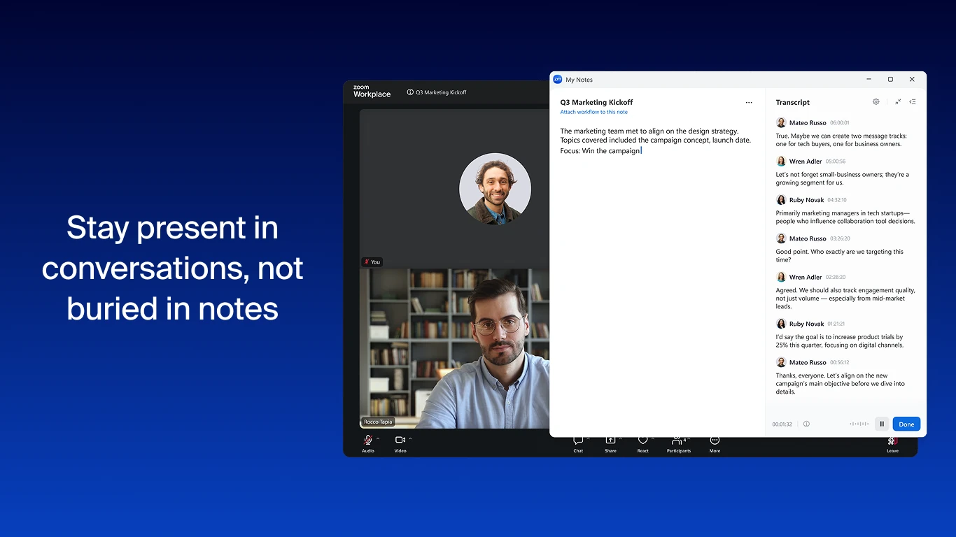 Zoom meeting on the left with the My Notes panel open on the right, showing typed meeting notes beside a live transcript