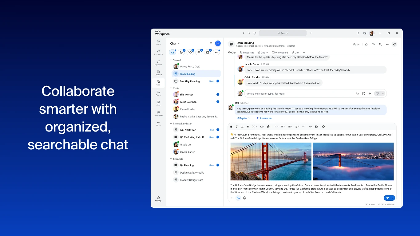 Zoom Workplace Team Chat with a channel list on the left and a team building channel thread with photos and replies