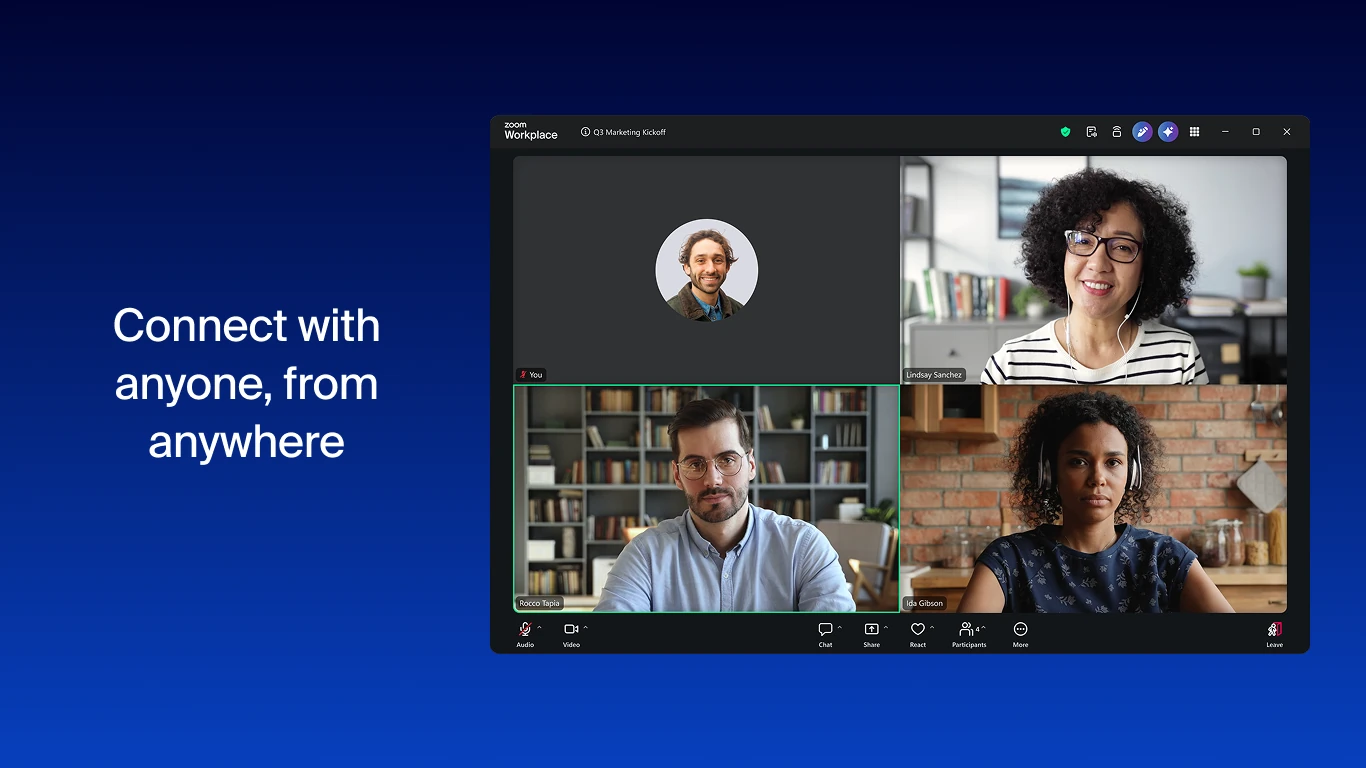 Zoom Workplace meeting window on Windows showing a four-person gallery view with the audio, video, share and leave controls along the bottom