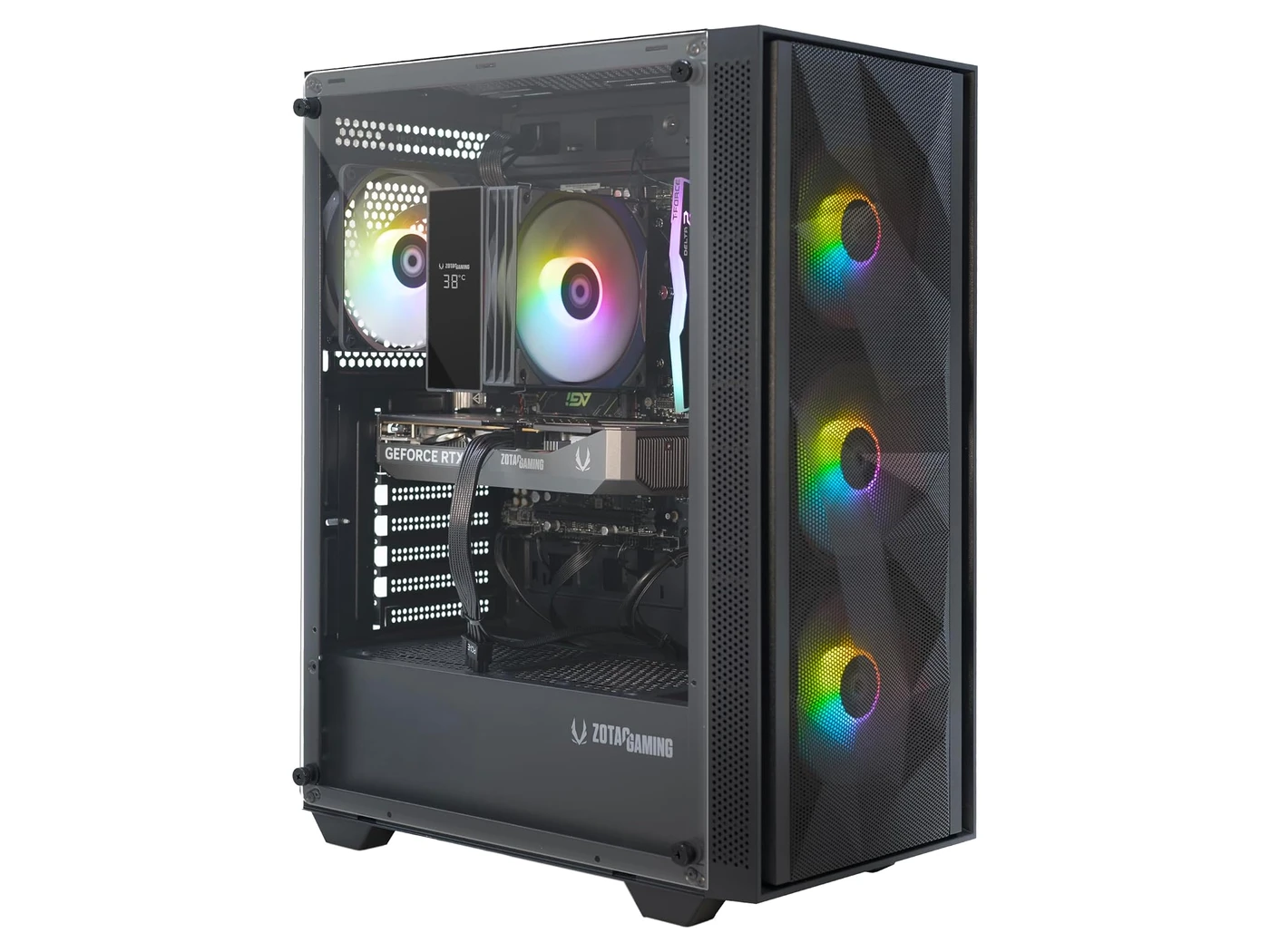 ZOTAC MEK gaming desktop with a glass side panel showing an RGB tower cooler, a GeForce graphics card and three front fans